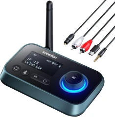 فرستنده و گیرنده بلوتوث SOOMFON مدل BT17 نسخه 3-in-1 با اتصال همزمان دو هدفون، برد 30 متری و نمایشگر LCD مناسب تلویزیون و سیستم صوتی