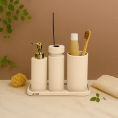 ست سرویس بهداشتی جا مایعی جا عطری سنگی چهار تکه آکسور (AXOR) مدل بونیتا رنگ کرمی