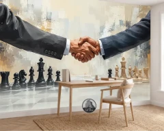 پوستر دیواری املاک طرح دست دادن و مهره‌های شطرنج کد DA-(8061) | دکور دفتر املاک