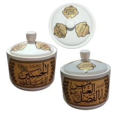 قندان چینی دایره ای قطر 11سانت تذهیب دار یا حسین یا عباس -روی درب 3گل اسامی مختلف کد 104525