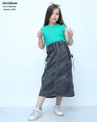 دامن جین دورکش بلند پارچه ظریف رنگ طوسی کد 157 | فروشگاه ابریشم کیدز | abrishamkids