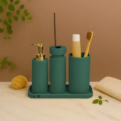 ست سرویس بهداشتی جا مایعی جا عطری سنگی چهار تکه آکسور (AXOR) مدل بونیتا رنگ سبز تیره