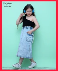 دامن جین ابی بلند دور کش و سنگشور شده کد 154 | فروشگاه ابریشم کیدز | abrishamkids