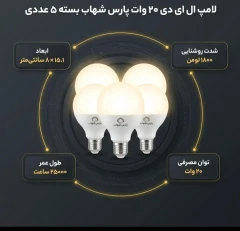 لامپ ال ای دی 20 وات پارس شهاب مدل 32975 پایه 27 بسته 5 عددی