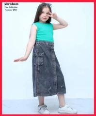 دامن جین بلند رنگ طوسی جلودگمه دار کد 156| فروشگاه ابریشم کیدز | abrishamkids