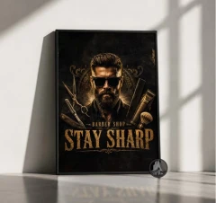 تابلو آرایشگاه مردانه طرح Stay Sharp حرفه‌ای | کد DA-4075 مناسب دکور باربر شاپ