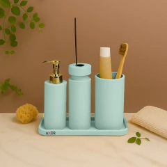 ست سرویس بهداشتی جا مایعی جا عطری سنگی چهار تکه آکسور (AXOR) مدل بونیتا رنگ فیروزه ای