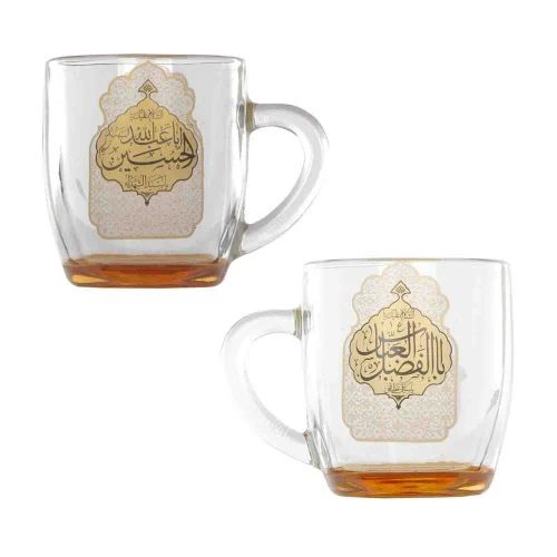 102538-لیوان شیشه ای دسته دار طلایی یا اباعبدالله الحسین ع-یا اباالفضل ع