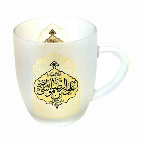 102792-لیوان شیشه ای دسته دار مات طلایی یا علی بن موسی الرضا ع یا فاطمه معصومه س