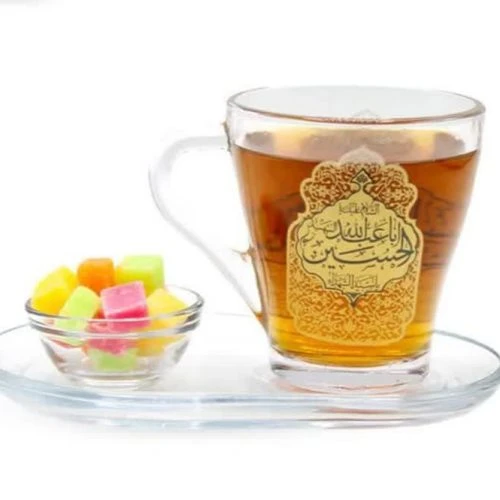 102800-سرویس سه پارچه بلوری قندان و سینی و لیوان دسته دار یا عباس یا حسین ع-استکان مذهبی امنبری هیئت