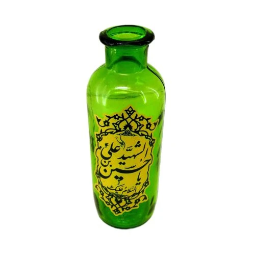 102912-گلدان شیشه ای استوانه ای مذهبی سبز یا حسین ع قطر6 ارتفاع18 سانت