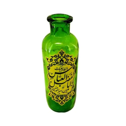 102913-گلدان شیشه ای استوانه ای مذهبی سبز یا اباالفضل ع قطر6 ارتفاع18 سانت