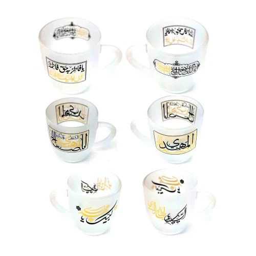 103051-لیوان شیشه ای دسته دار مات طرحهای متنوع مهدوی ۲طرف چاپ-ماگ مذهبی قطر دهانه ۸ارتفاع ۹سانت