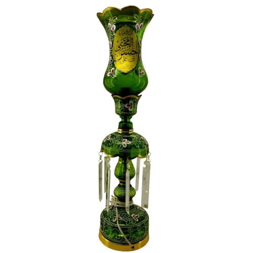 103227-لاله شمعدانی متوسط ارتفاع 64-قطر دهانه 15-سبز یا حسین و یا حسن ع-کنار منبری هیئت