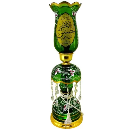 103267-لاله شمعدانی کوچک ارتفاع 46 قطر دهانه 11-سبز یا اباالفضل العباس ع و یا حسن مجتبی ع-کنار منبری هیئت