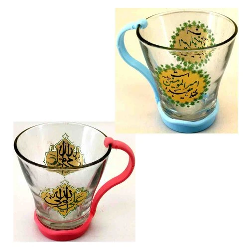 103441-لیوان شیشه ای شفاف نوجوان طرح های غدیر امیرالمونین ع-قطر دهانه 8 ارتفاع 9.5 دسته پلاستیکی رنگی جدا