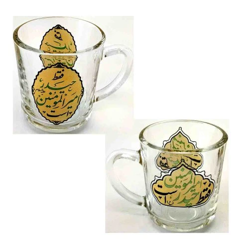 103442-نیم لیوان یا استکان مذهبی هیئتی دسته دار 6تایی-ارتفاع 8 قطر دهانه 6.5-فقط حید امیرالمومنین است در دو طرح