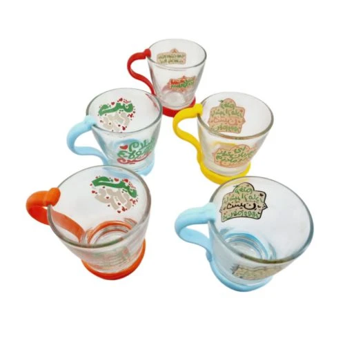 103515-یک عدد لیوان شیشه ای شفاف کودکانه محرم و اربعین امام حسین ع-قطر دهانه 7 ارتفاع 7.5-دسته پلاستیکی رنگی جدا