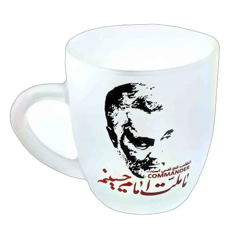 103516-لیوان شیشه ای دسته دار ارتفاع 9.5 قطر دهانه 8-ماگ مات شهید سلیمانی طرح ما ملت امام حسینیم