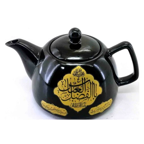 103893-قوری مذهبی هیئتی مشکی کف 14سانت طرح یا اباعبدالله ع و یا اباالفضل ع-حدود یک لیتر