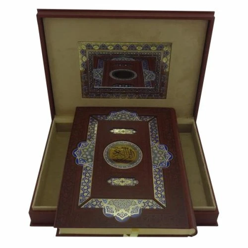 110187-قرآن رحلی گلاسه جعبه دار چرم آینه دار پلاک رنگی