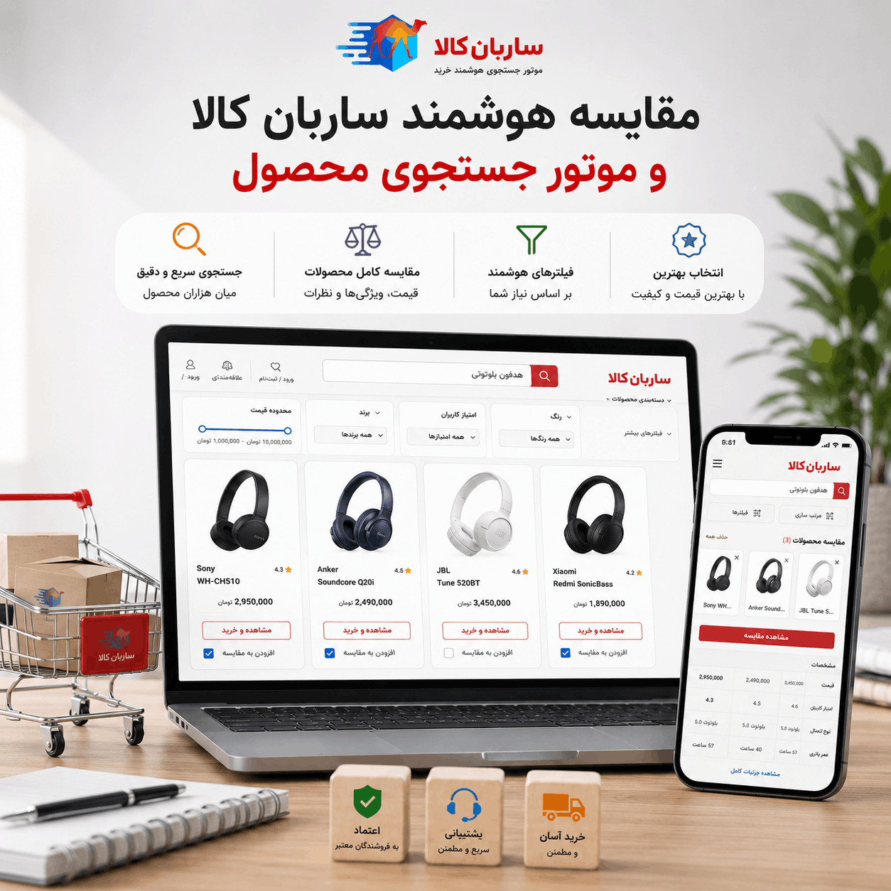 نمایش موتور جستجوی محصول در ساربان کالا برای مقایسه قیمت و کیفیت کالاها