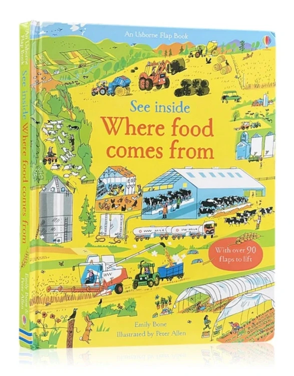 An usborne flap book See inside where food comes from