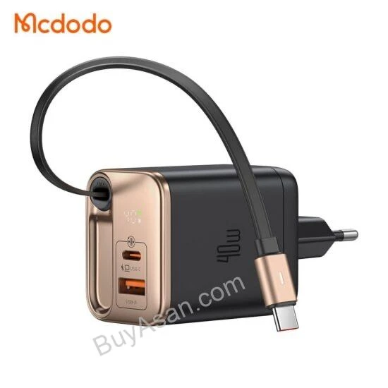 آداپتور شارژ دوخروجی 40 وات مک‌دودو مدل CH-428 با کابل جمع‌شونده Type-C