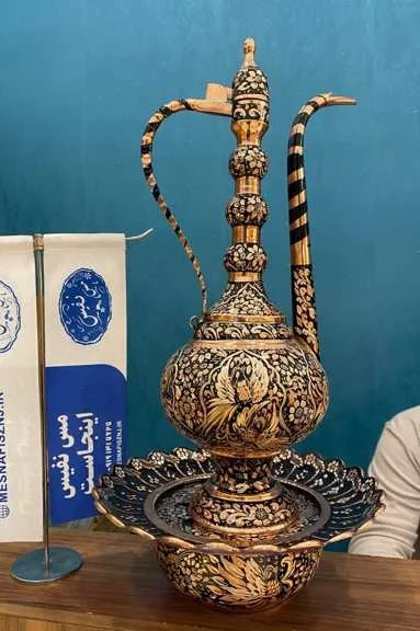 آفتابه لگن مسی الماس تراش و نقره طرح هما