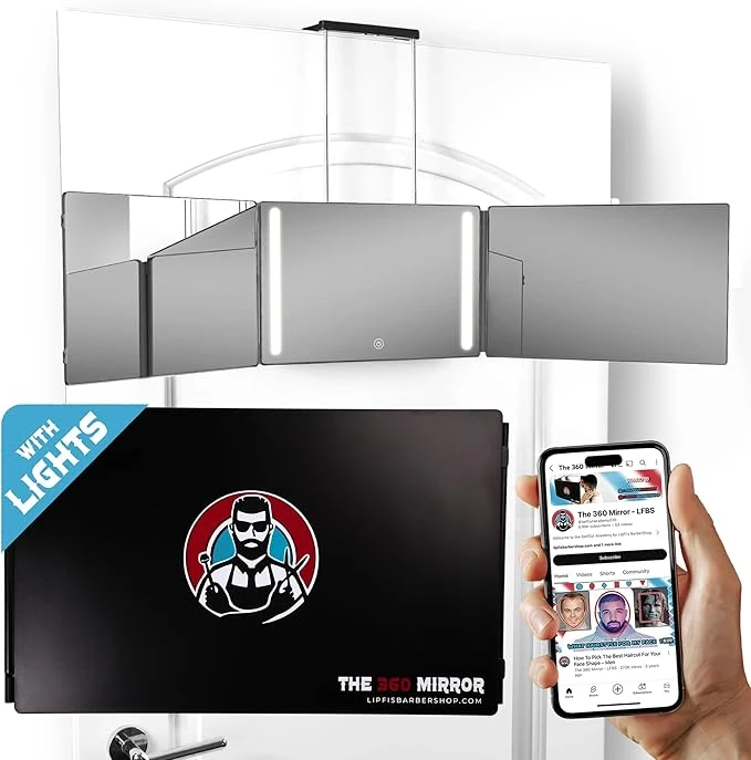 آینه سه‌تکه LIPFISBARBERSHOP مدل 360 Mirror با نور LED برای اصلاح پشت‌سر | آمازونیکس