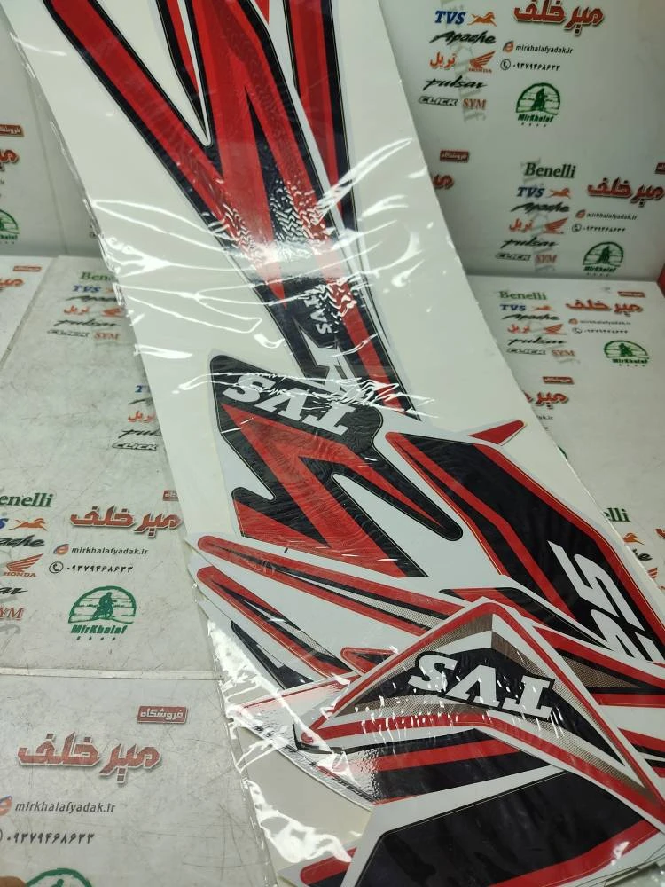 ارم (برچسب) کامل بدنه موتور tvs راکس مشکی قرمز انژکتور