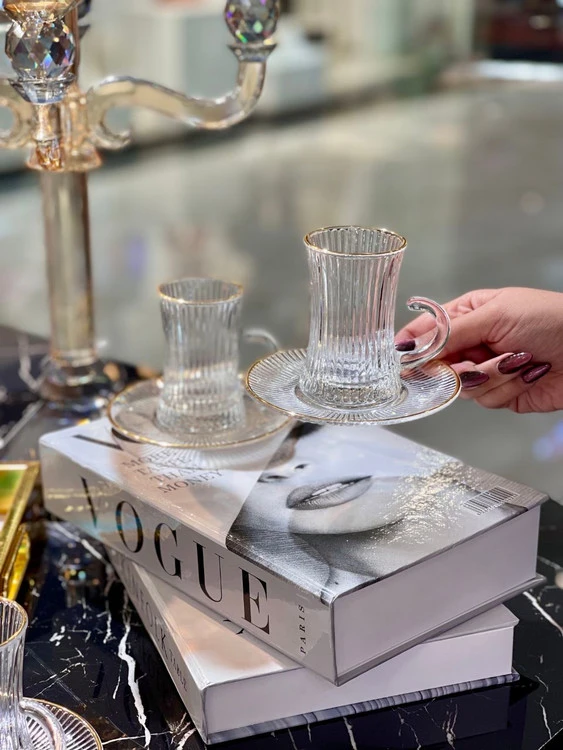 استکان نعلبکی کمر باریک لب طلا Ankara محصول وارداتی Deli Glass