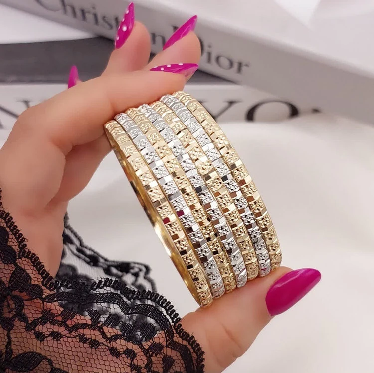 النگو طرح طلای زنانه،مدل تراش،پک ۷ عددی دو رنگ،اصل طلا روس