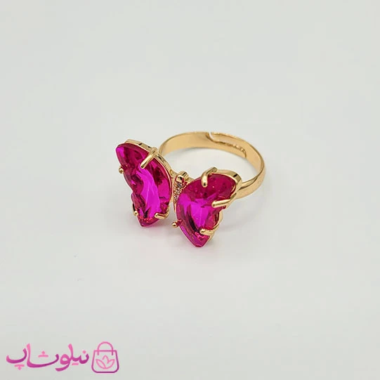 انگشتر زنانه طرح پروانه کریستالی سرخابی فری سایز کد 48
