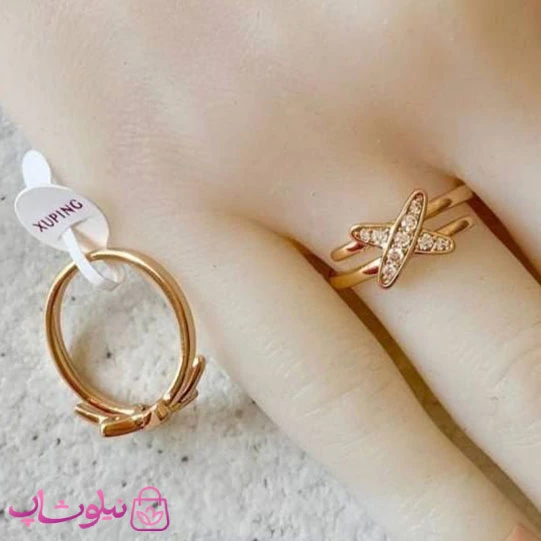 انگشتر زنانه ژوپینگ طلایی طرح ضربدر نگینی سایز 8 کد 90