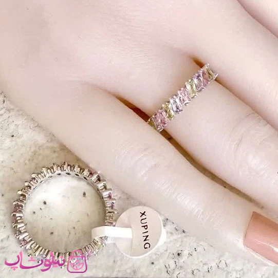 انگشتر زنانه ژوپینگ مدل تنیسی نقره ای با نگینهای سفید صورتی کد 5491