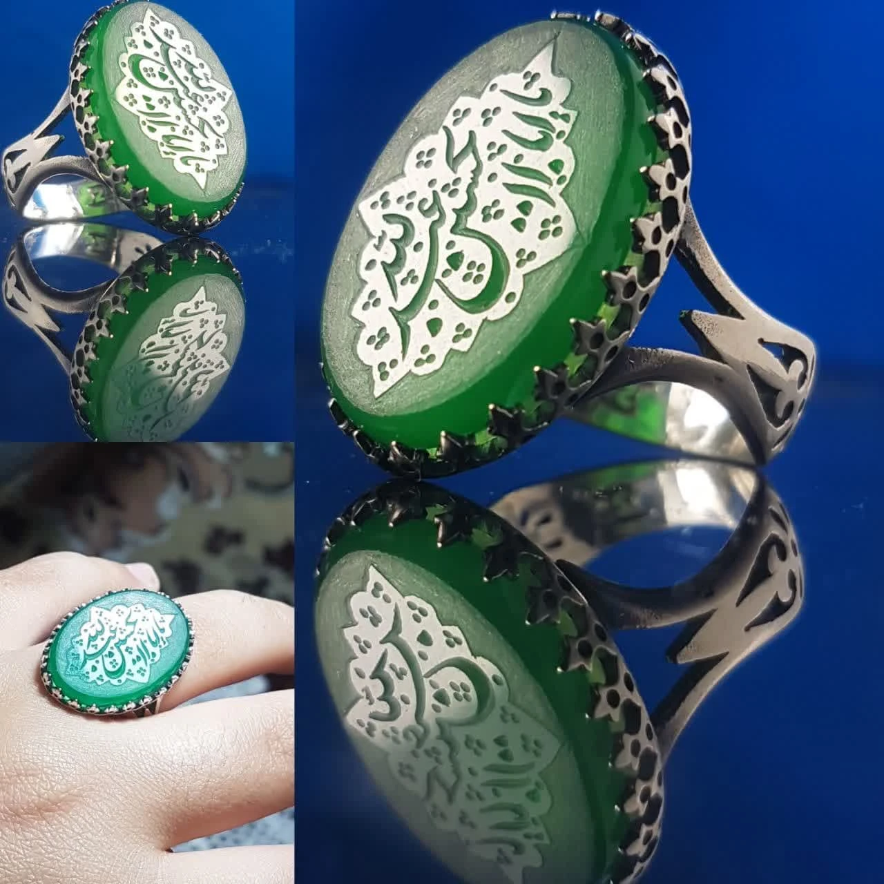 انگشتر عقیق سبز طرح نیزه با ذکر “یا اباعبدالله الحسین”(علیه السلام) کد 1129