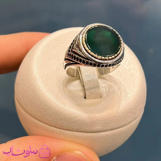 انگشتر مردانه نقره وارداتی عیار 925 مدل سنگ عقیق سبز دایره کد 9291