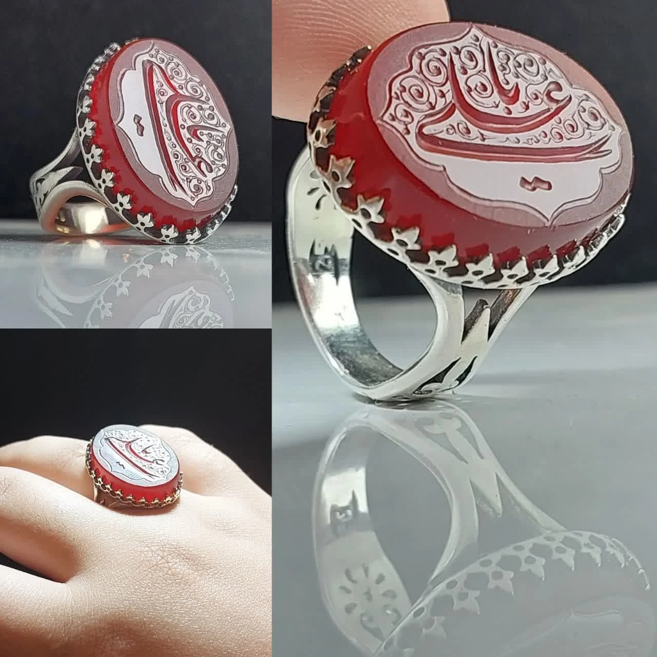 انگشتر نقره با سنگ عقیق قرمز با حکاکی یاعلی (ع)– کد 1085