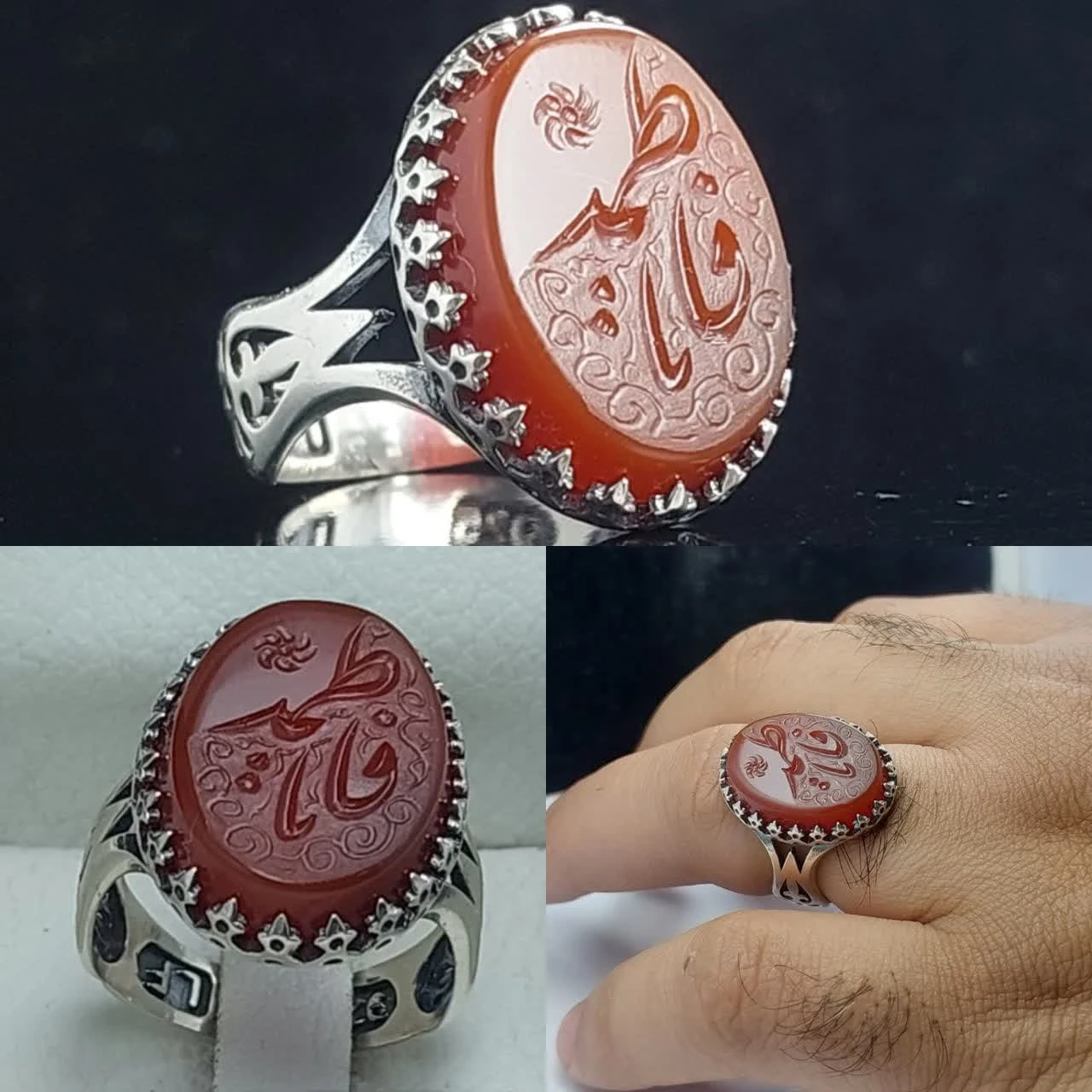 انگشتر نقره باسنگ عقیق قرمز باحکاکی یافاطمه کد 1475