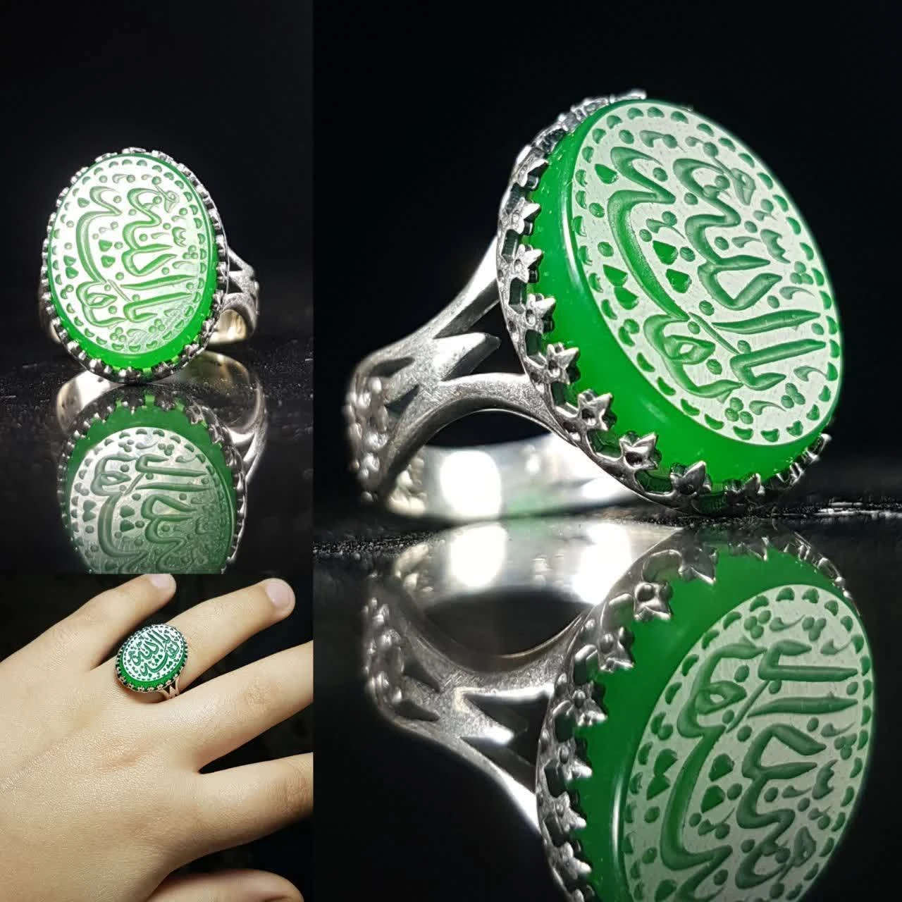 انگشتر نقره عیار 925 با سنگ عقیق سبز درجه یک و حکاکی “یا بقیه الله” – کد 1010