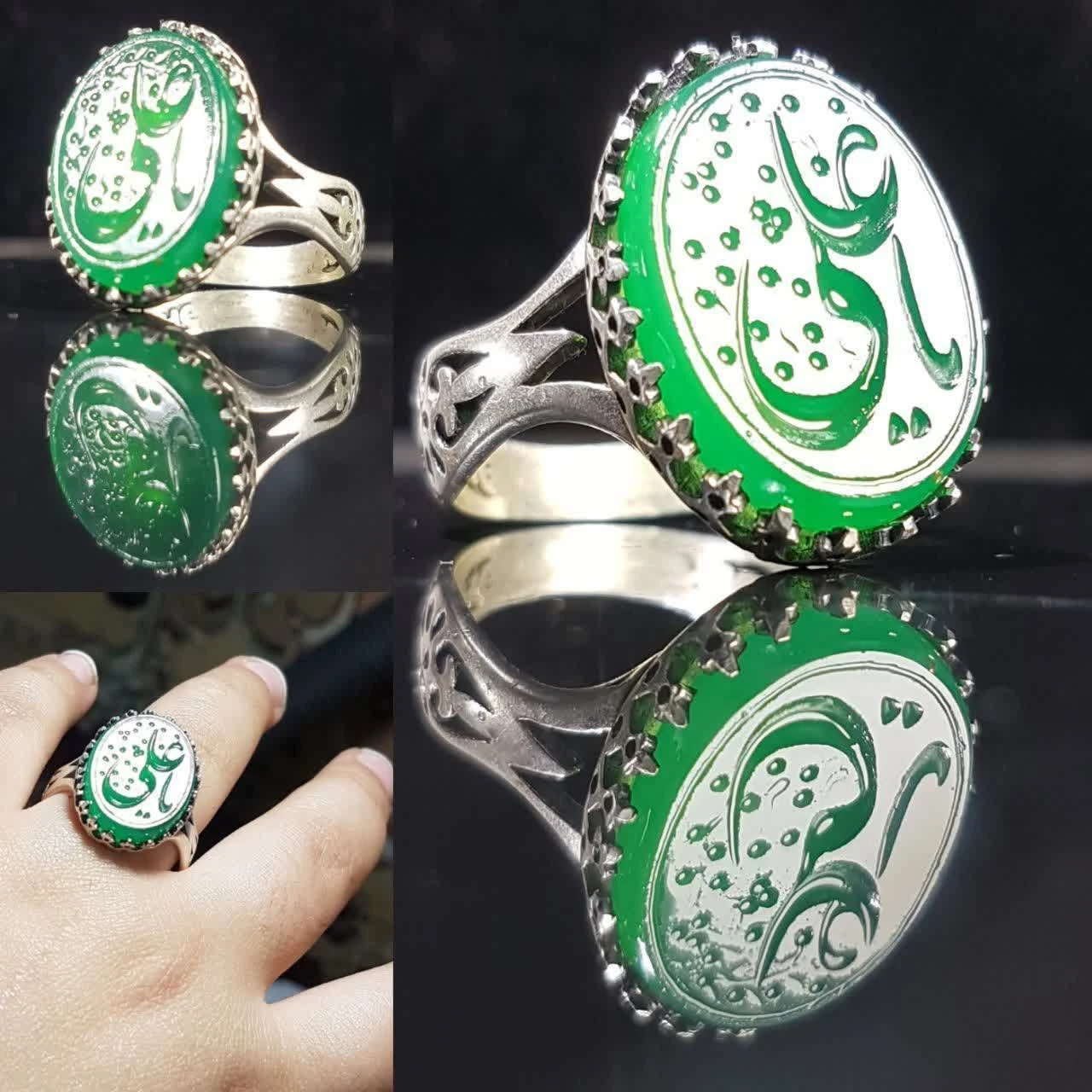 انگشتر نقره عیار 925 با سنگ عقیق سبز و حکاکی “یا حسین”– کد 1029