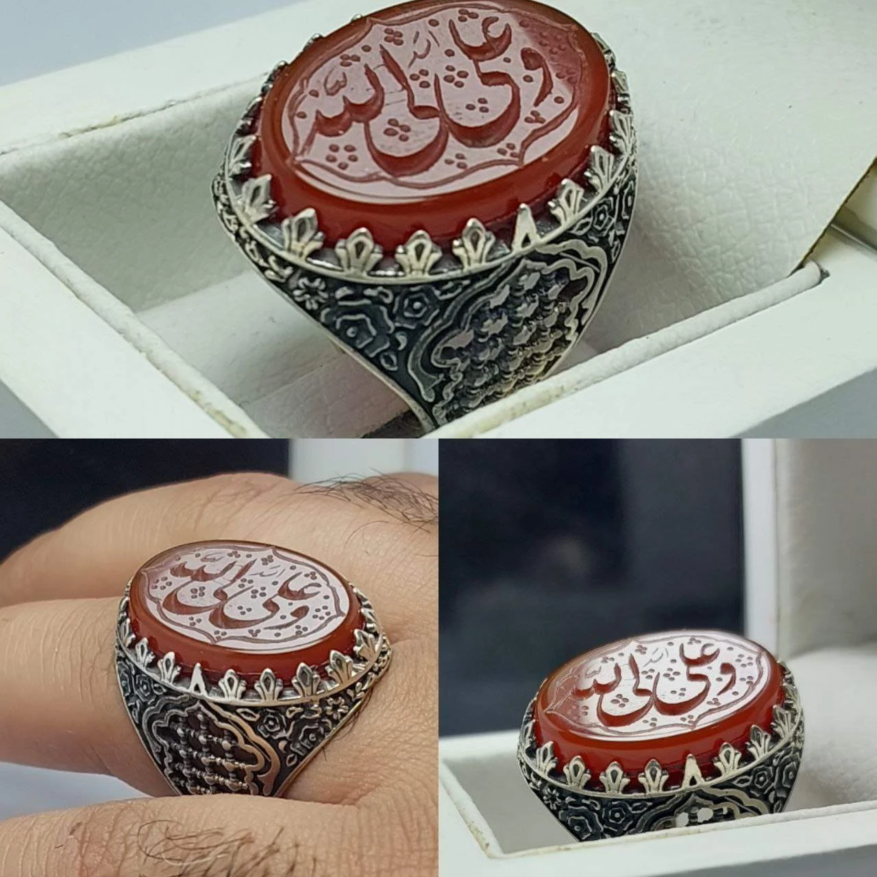انگشتر نقره عیار 925 با سنگ عقیق قرمز و حکاکی “علی ولی الله”– کد 1017