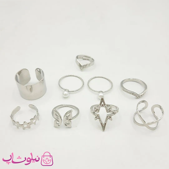 انگشتر چندتایی طرح پروانه و ستاره 8 عددی نقره ای