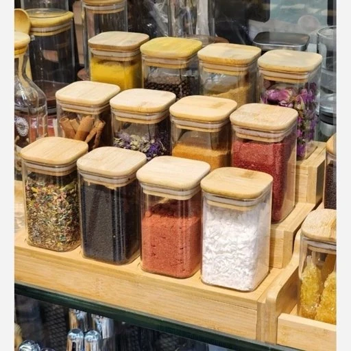 بانکه جا ادویه مربعی پیرکس درب بامبو سایز 6*10