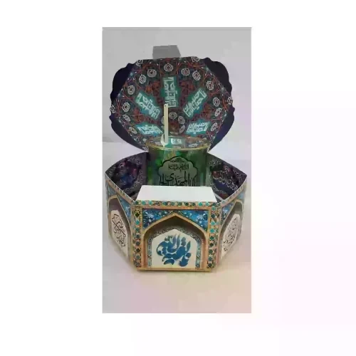 بسته هدیه خیمه-یک عدد استکان و نعلبکی کمرباریک لب طلا السلام علیک یا اباصالح المهدی عج طرح تذهیب-روبان سبز-104054