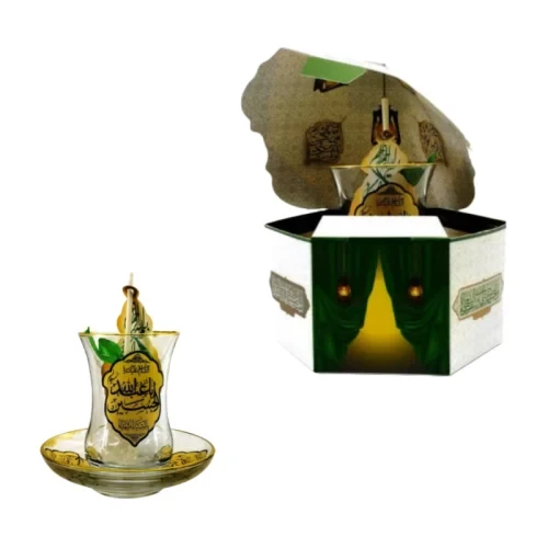 بسته هدیه خیمه-یک عدد استکان و نعلبکی کمرباریک لب طلا السلام علیک یا اباعبدالله الحسین ع طرح تذهیب-روبان سبز-104052