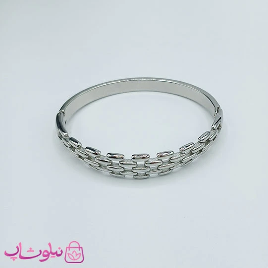 بنگل زنانه طرحدار استیل رنگ نقره ای قطر 57 میل