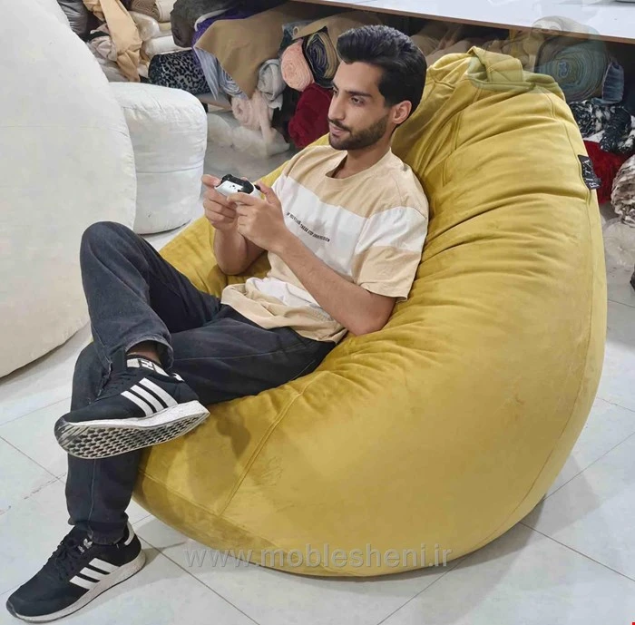 بین بگ الیافی مدل گلابی سایز ۱۲۰ با پارچه مخمل مبلی زرد
