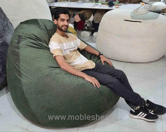 بین بگ الیافی مدل گلابی سایز ۱۳۰ با پارچه مخمل مبلی سبز